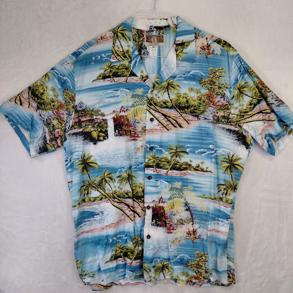 Kalaheo Vintage Men XL Hawaiian Shirt Blue Tropical Island Waterfall Made in USA